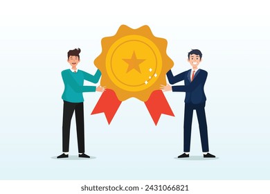 Businessman boss giving golden star badge to winning employee, employee award recognition, success achievement reward or top star performer of the month, best sales champion or certificate (Vector)