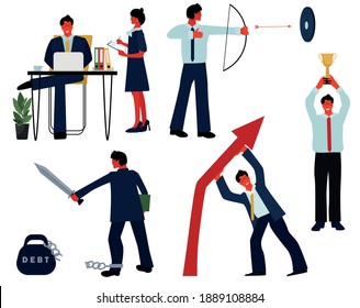 Businessman, boss, head of the company. The concept of proper anti-crisis management, motivation. The achievement of the objectives of business success and overcoming challenges. Vector set. 