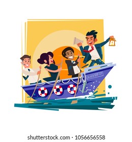 Businessman Boss Hold Megaphone  in the boat with team group try to going forward for successful, role-model or leadership for teamwork concept - vector illustration