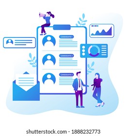 businessman boss or HR specialist having an interview with job applicant. Job interview, employment process, choosing a candidate concept. Vector illustration.