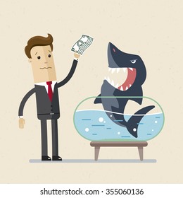 Businessman, boss or manager. A man in suit feeding a huge shark in an aquarium with money. Illustration, vector EPS10.