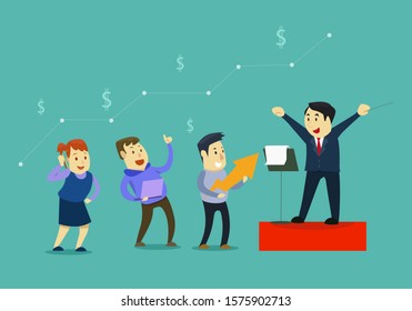 The businessman boss on the podium becomes a conductor for his employees/coworker illustration business vector concept