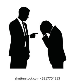 Businessman boss pointing finger accusingly at sad employee feeling stressed and ashamed at work