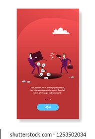 businessman boss screaming megaphone on worker throwing light bulbs in hole abyss business idea crisis concept flat vertical copy space