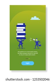 businessman boss screaming megaphone on worker holding books stack business education concept flat vertical copy space
