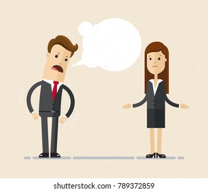 Businessman boss shouts at the woman employee . Vector flat cartoon illustration