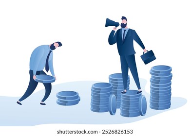 Empresario jefe de pie en pilas de monedas y empleado infeliz lleva monedas. Concepto de relaciones de empresa, baja remuneración y esclavitud empresarial o corporativa. Ilustración vectorial de estilo de moda