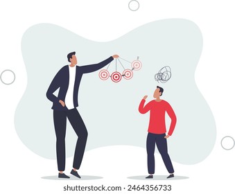 businessman boss using his watch to make his employee under hypnosis.flat vector illustration.