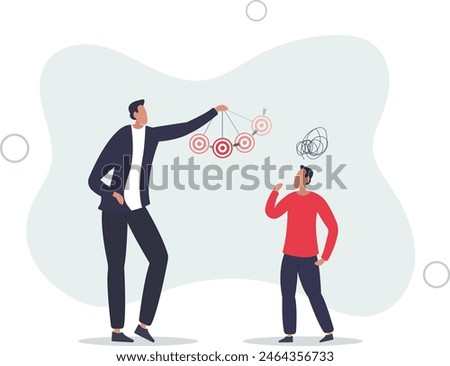 businessman boss using his watch to make his employee under hypnosis.flat vector illustration.