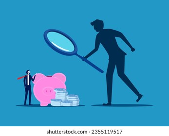 Businessman boss using magnifying glass to examine piggy bank