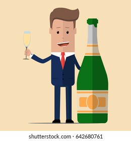 Businessman with a bottle of champagne and a wine glass. Vector illustration