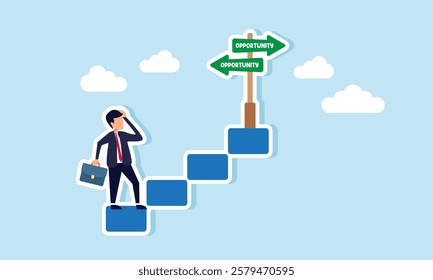 Businessman at the bottom of a staircase feel confused by a two way direction sign labeled OPPORTUNITY, illustration of confusion in choose business opportunities and chances