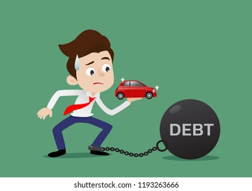 Businessman bought a new car that comes with a large debt, Cartoon vector illustration