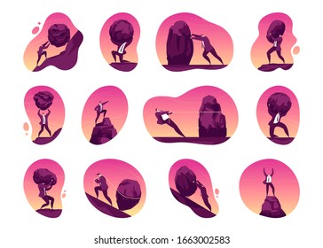 Businessman with boulder vector illustration set. Cartoon man pushing and carrying big rock up hill to reach goal and winning. Crisis problem of business people, burden, challenge, conquering concept