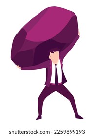 Businessman with boulder vector illustration. Stressed mans carry heavy stone on shoulder overwhelmed with problem or task. Crisis problem of business people, burden, challenge, conquering concept