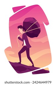 Businessman with boulder vector illustration. Stressed mans carry heavy stone in hands overwhelmed with problem or task. Crisis problem of business people, burden, challenge, conquering concept