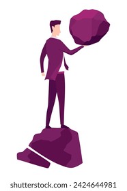 Businessman with boulder vector illustration. Stressed mans carry heavy stone on shoulder overwhelmed with problem or task. Crisis problem of business people, burden, challenge, conquering concept