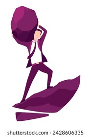 Hombre de negocios con ilustración vectorial de roca. Los hombres estresados llevan piedras pesadas en el hombro abrumados con el problema o la tarea. Problema de crisis de la gente de negocios, carga, desafío, concepto de conquista