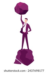 Hombre de negocios con ilustración vectorial de roca. Los hombres estresados llevan piedras pesadas en el hombro abrumados con el problema o la tarea. Problema de crisis de la gente de negocios, carga, desafío, concepto de conquista