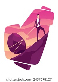Businessman with boulder vector illustration. Unhappy person pulls rock or boulder suffer with overwork and responsibility. Crisis problem of business people, burden, challenge, conquering concept