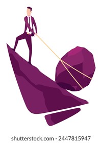 Businessman with boulder vector illustration. Unhappy person pulls rock or boulder suffer with overwork and responsibility. Crisis problem of business people, burden, challenge, conquering concept