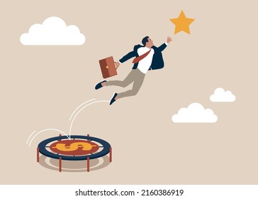 Businessman bounce on trampoline jump flying high to grab star. Reach success, improvement or career development, business tools advantage to reach goal or target, growth and achievement concept.