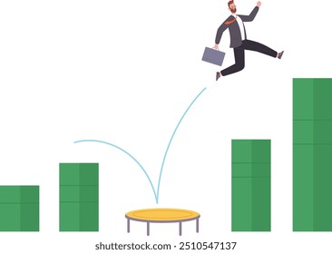 Businessman bouncing on trampoline on financial success isolated on white background
