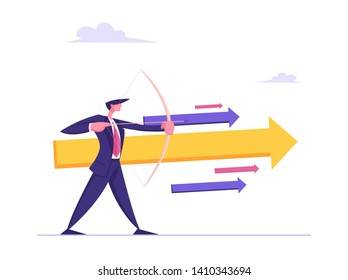 Businessman with Bow and Arrow Aiming Financial Growth Target. Profit Benefit, Goal Achievement, Business Solution Strategy Concept. Vector flat illustration