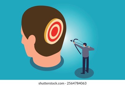 businessman with a bow and arrow aiming at a target behind a giant head