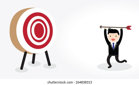 Businessman with bow and arrow is aiming at target