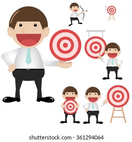 Businessman with bow and arrow is aiming at target