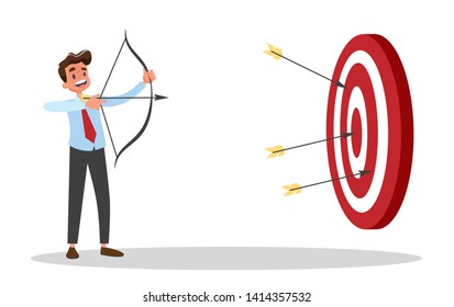 Businessman with bow and arrow at the big target. Ambitious man shooting. Idea of success and motivation. Vector illustration in cartoon style