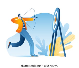 A businessman with a bow and arrow chooses a target. The concept of a vector illustration with a character on the topic of choosing and achieving goals in business.