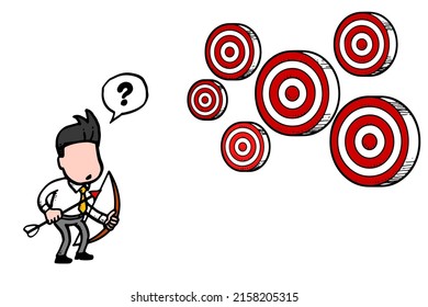 Businessman with bow and arrow confuse looking at multiple targets. Vector illustration design on isolated white background