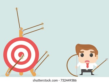 Businessman with bow and arrow confused with her target