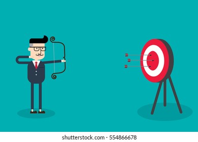Businessman with bow and arrow hitting the center bulls eye in archery target, Flat style vector illustration EPS 10.