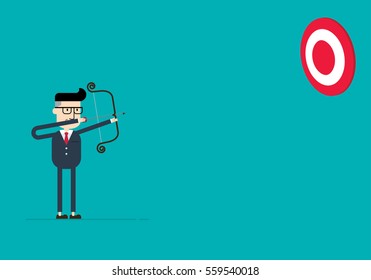 Businessman with bow and arrow hitting the center bulls eye in archery target, Flat style vector illustration EPS 10.