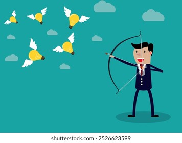 Businessman with a bow and arrow hitting the light bulb fly. Vector illustration for business concept