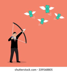 Businessman with a bow and arrow hitting the money fly. Business concept