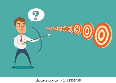 Businessman with bow and arrow look at multiple targets. Cannot decide which target to shoot at. Stock flat vector illustration.