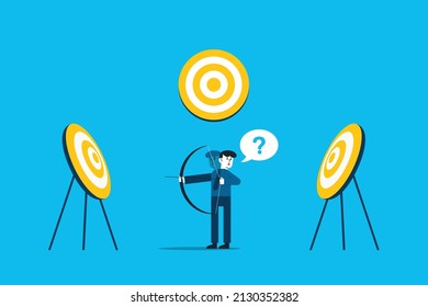 Businessman with bow and arrow look at multiple targets.