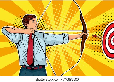 Businessman with bow, arrow and target. Man archer targeting in center. Business goals, success concept. Pop art vector retro illustration.