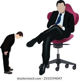 Businessman bowing to his boss sitting in a chair