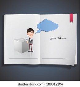 Businessman with box printed on book. Vector design