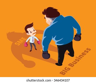 Businessman Boxing Against A Giant Businessman Between SME And Big Business.  Business Concept Cartoon Illustration