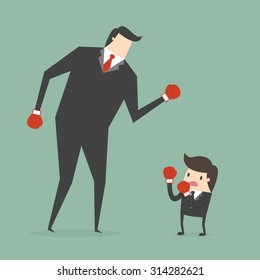 Businessman boxing against a giant businessman. Business concept cartoon illustration