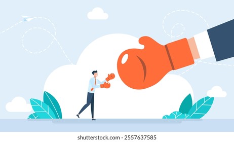 Businessman boxing against a giant businessman. Tiny young businessman fight boxing glove, concept competition industrial struggle market isolated on white. Flat design. Vector illustration.