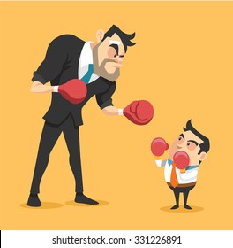 Businessman boxing against a giant businessman. Vector flat illustration