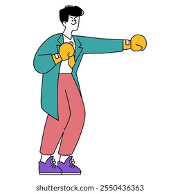 Businessman boxing concept. A determined professional ready to fight challenges with boxing gloves on. Corporate combat strategy. Vector illustration.