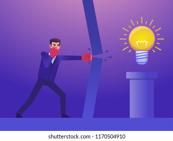 Businessman with boxing gloves breaking barrier to idea light bulb. Break through obstacles. Colorful design vector illustration